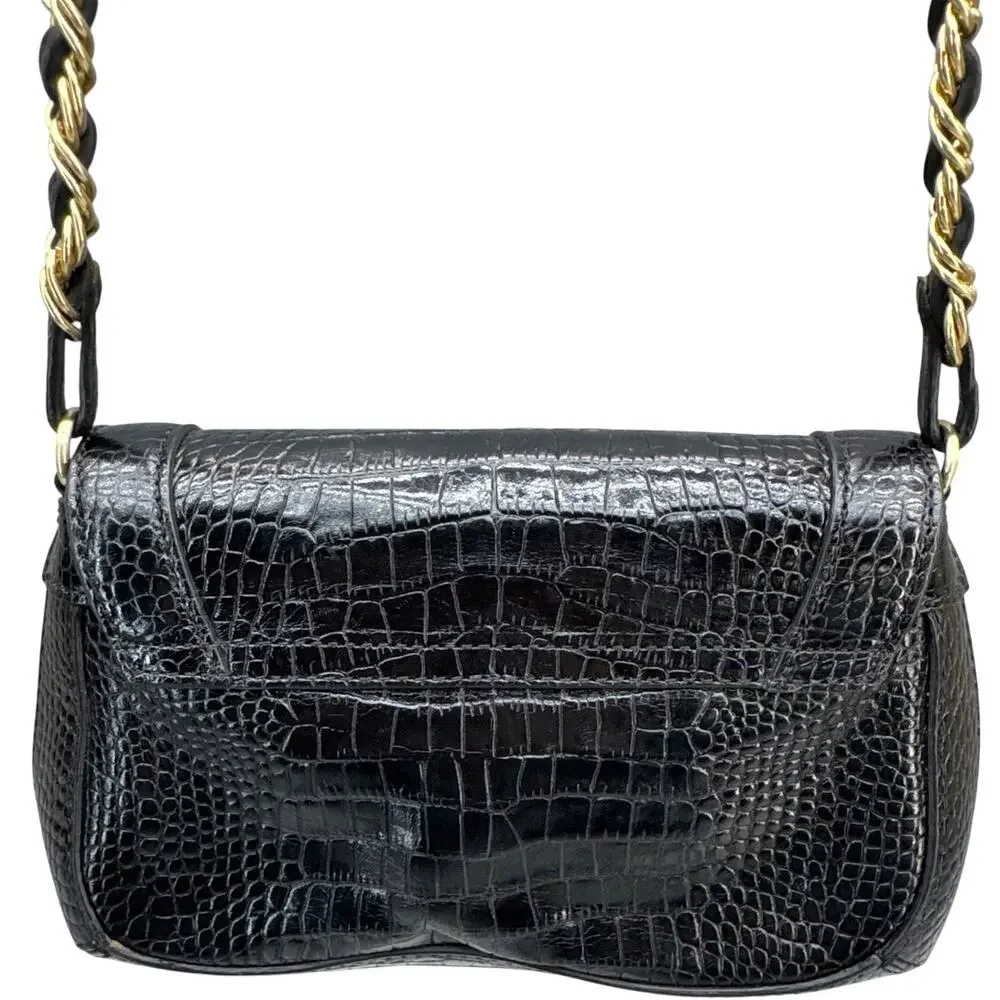 Ann Taylor Black Leather Croc-Embossed Gold Chain Small Shoulder Bag